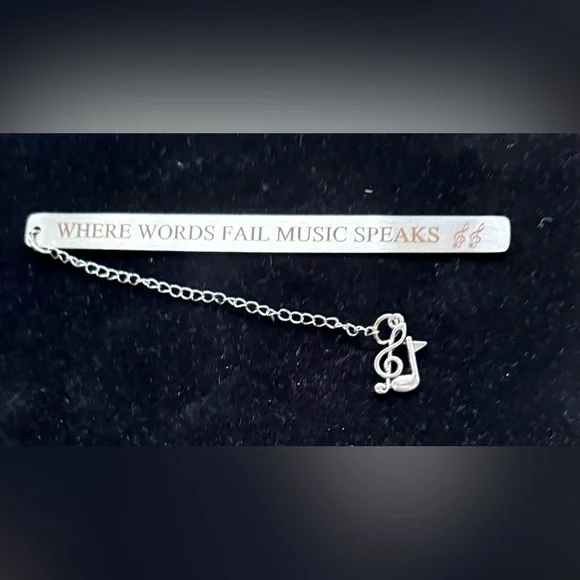 Silver Music Bookmark, “Where Words Fail Music Speaks” - Picture 1 of 2